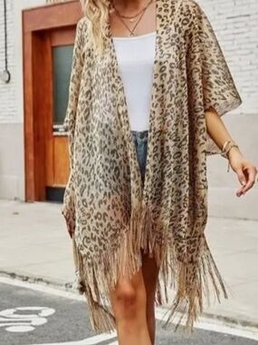 Leopard Print Fringe Poncho Shrug in Beige